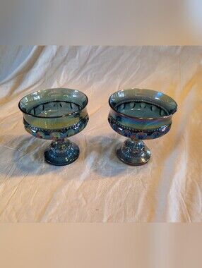 2/100$ Indiana Glass Iridescent Blue Carnival Glass Compotes - Pair